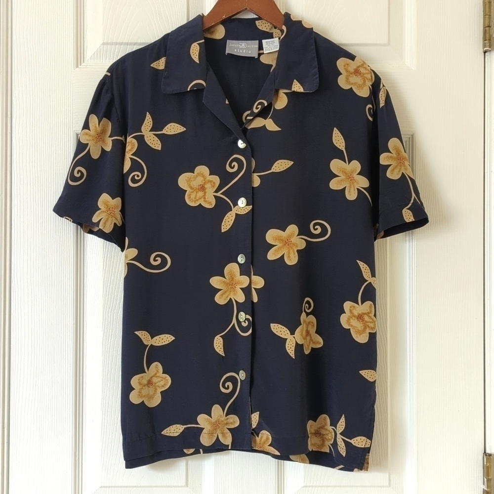 Jaclyn Smith 90's Vintage Silk Floral Short Sleeve Button Down Top Navy Tan M